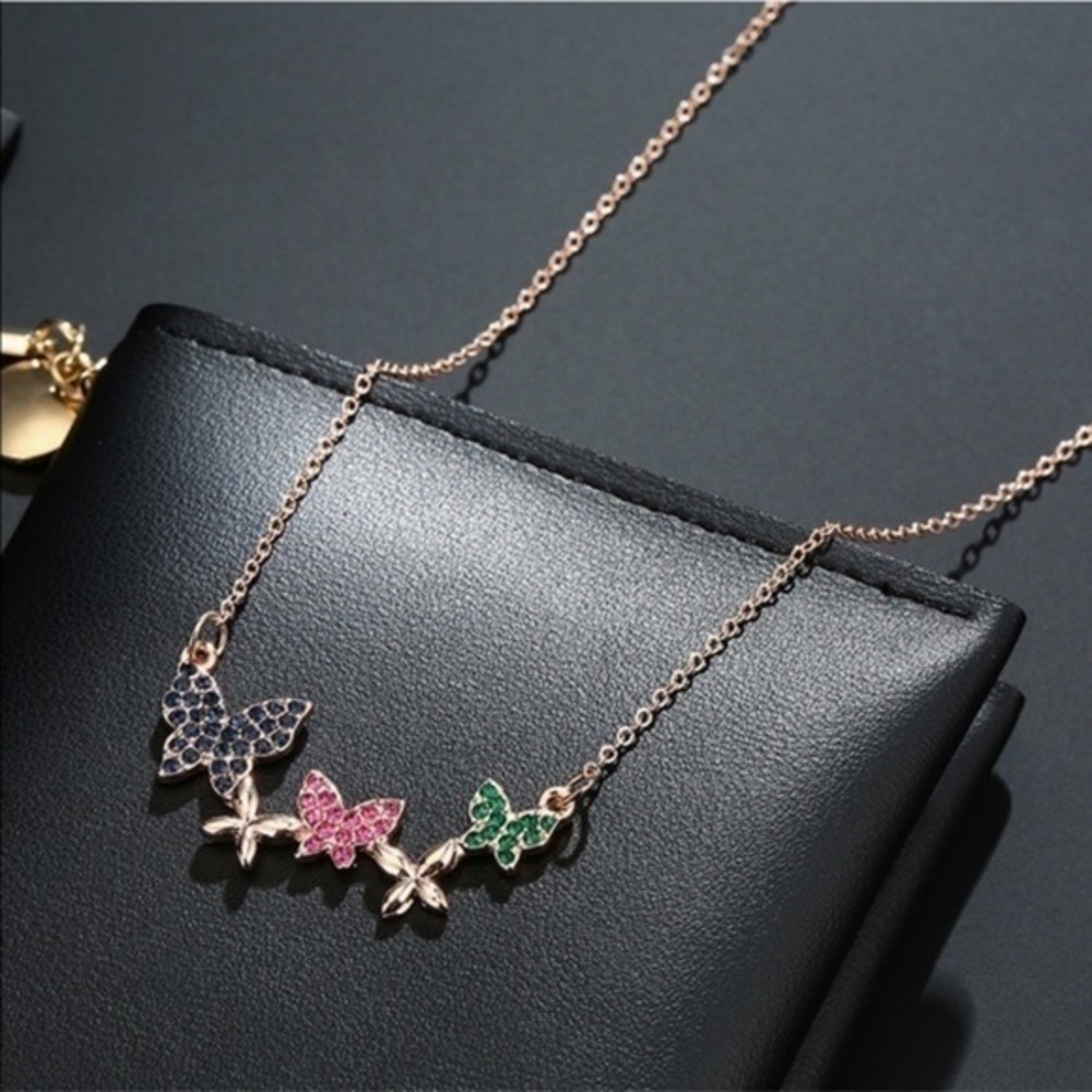 Butterfly Crystal Pendant Necklace 18K Gold Layered Multicolor Sparkle NWT